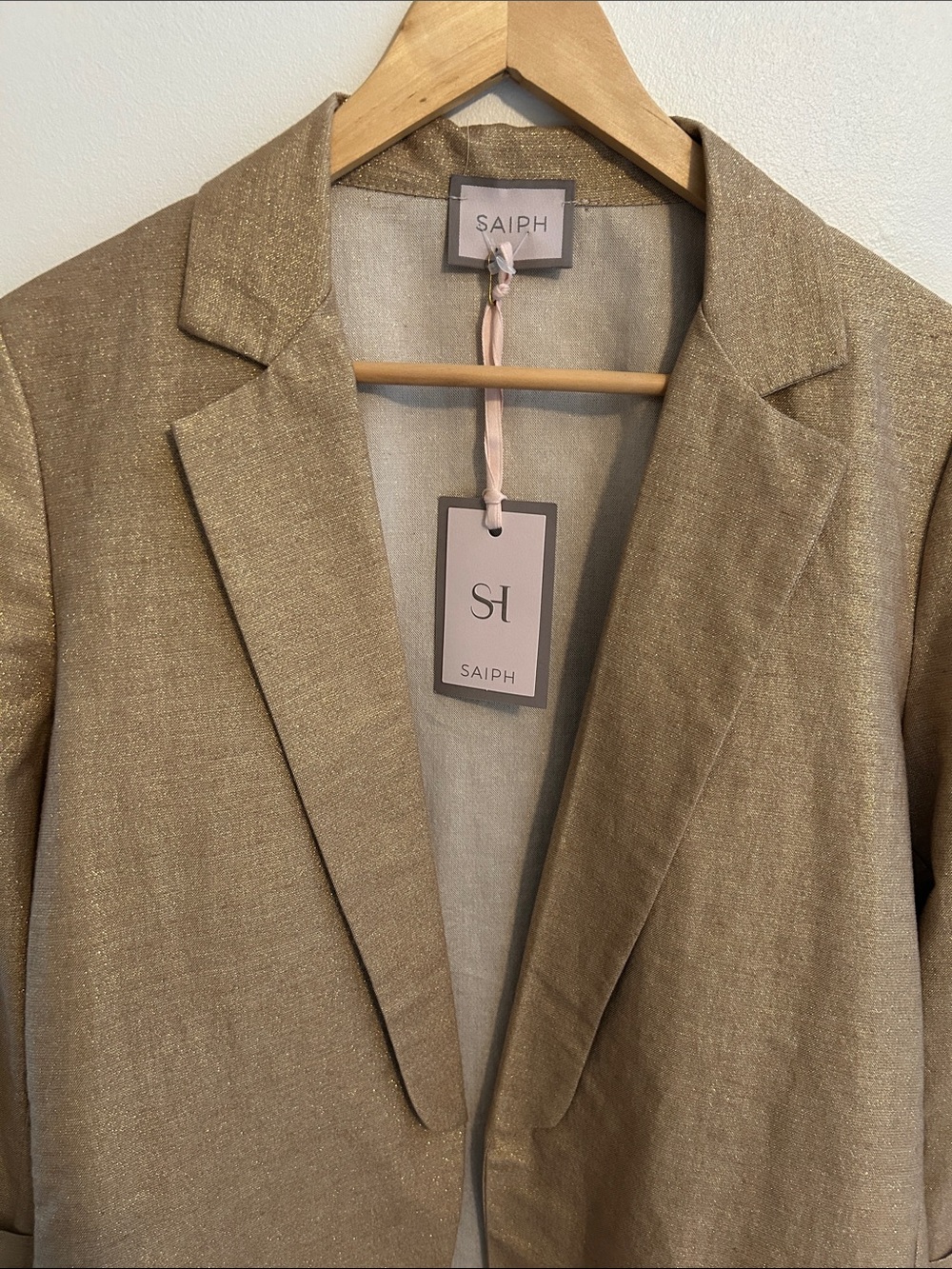 Gold Sparkle Open-Front Linen Blend Blazer Made in Italy - Picture 9 of 12